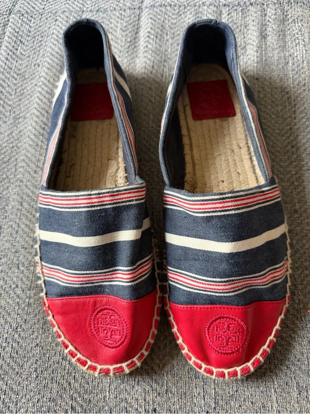 Tory Burch Red Blue White Stripe Cap Toe Colorblock Leather Espadrilles Size: 9